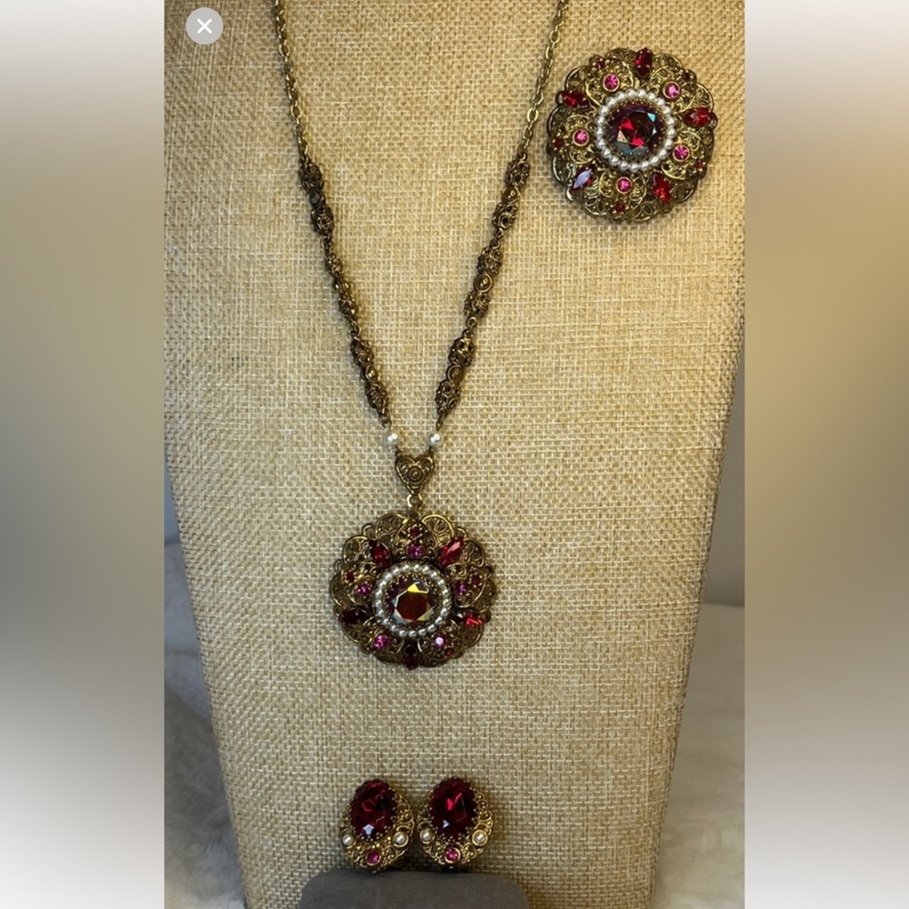 Western Germany Gold, Red Crystal, Pearl Necklace, Brooch, and Earrings